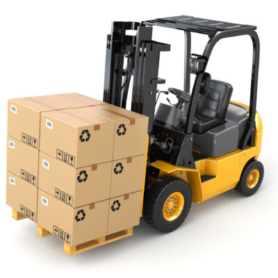 Forklift truck with boxes on pallet. Cargo. 3d