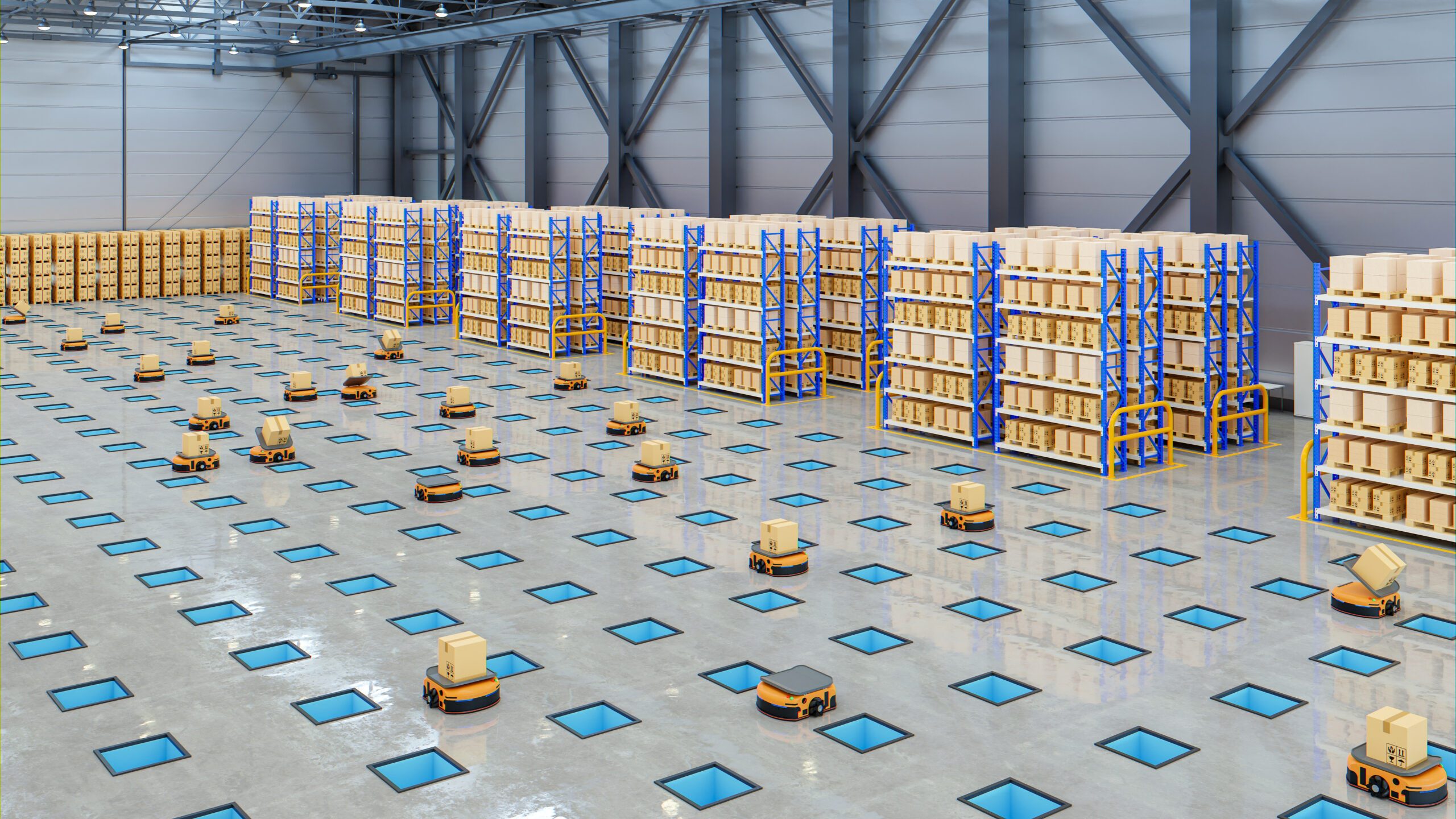 Widely used parcel sorting robot system using AMR, AGV with tilt tray.3d rendering